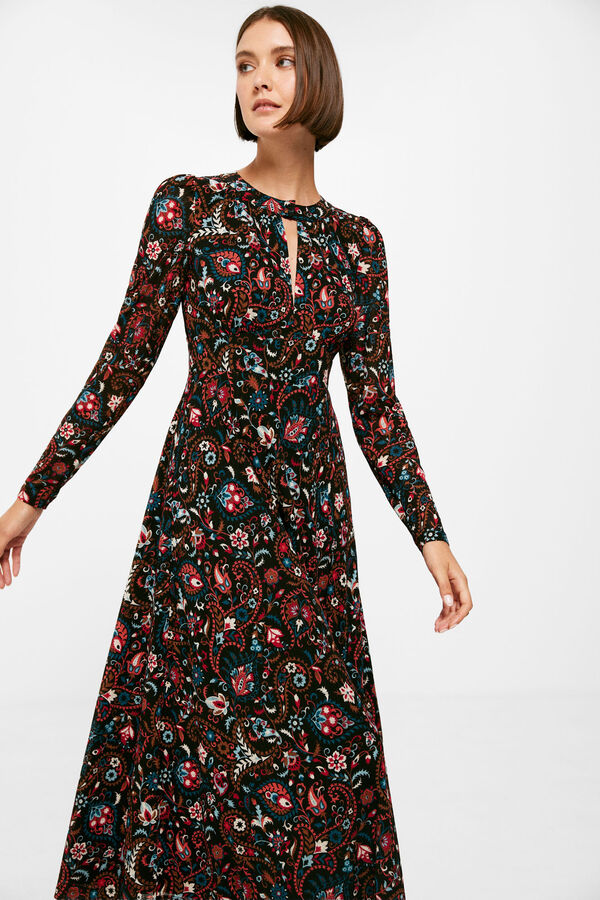 Springfield Vestido Midi Estampado Escote Abertura negro