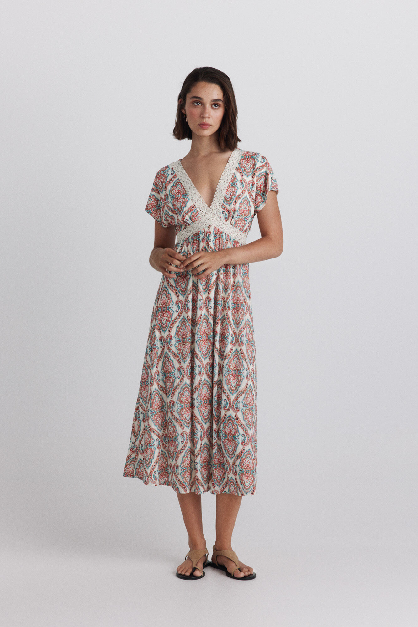 Springfield Vestido midi de manga curta com estampado sanefa