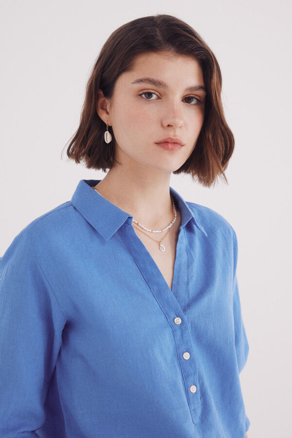 Springfield Blusa camiseta linho linho azul