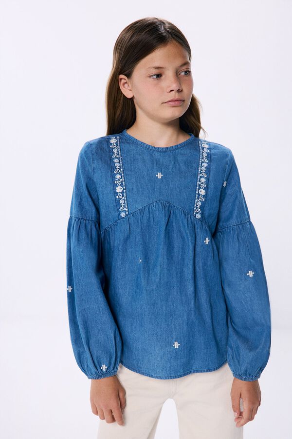 Springfield Kids Blusa denim bordada de menina azul