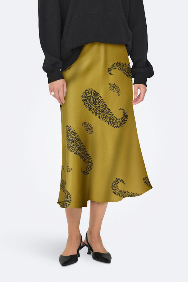 Only Falda midi sat&eacute;n amarillo