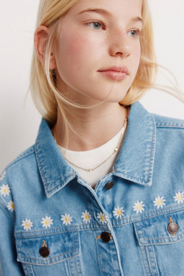 Springfield Kids Blus&atilde;o trucker de menina em denim com margaridas azul