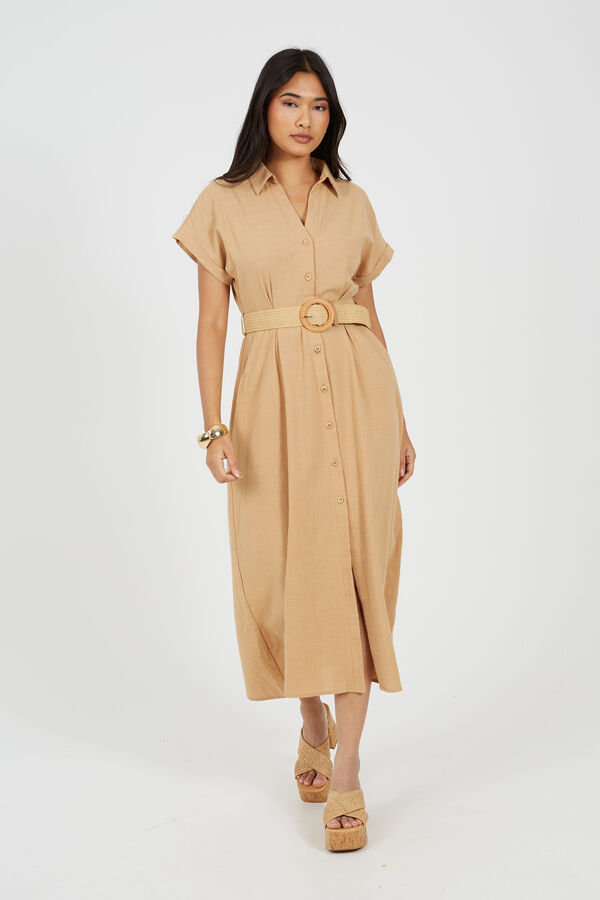 Brave Soul Vestido abotoado com cinto camel