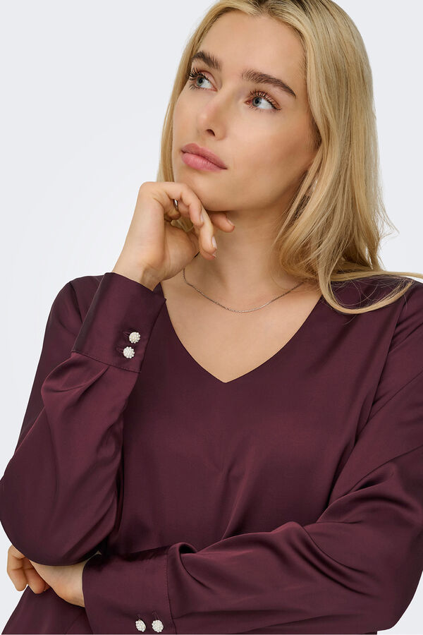 Only Blusa satinada manga larga burdeos