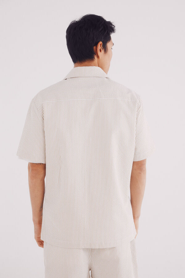 Springfield Camisa de manga manga curta listrada seersucker bege