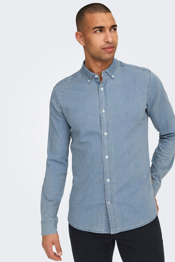 Only & Sons Camisa de chambray con cuello clásico azul