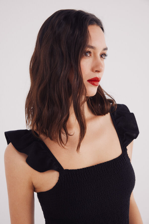 Springfield Vestido midi tirantes volante lino negro