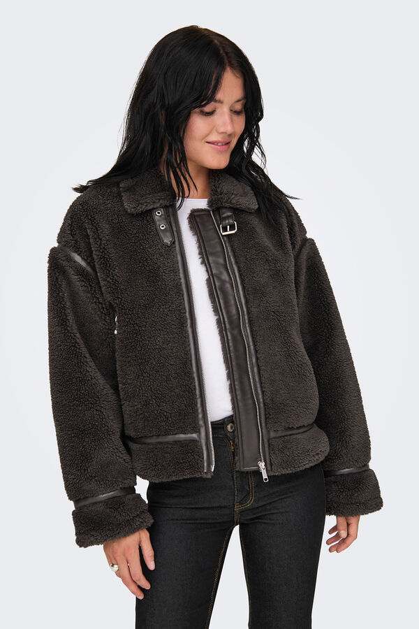 Only Chaqueta biker de pelo marr&oacute;n