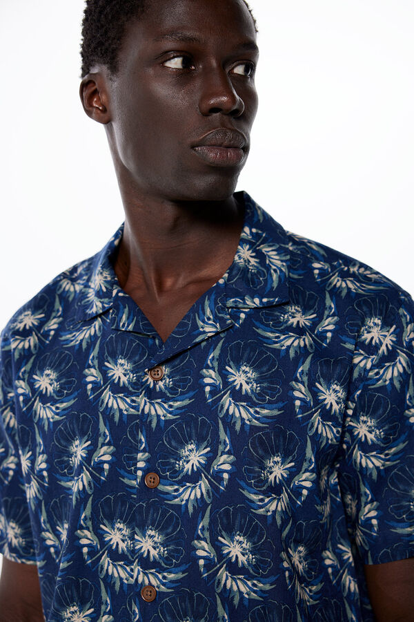 Springfield Camisa manga curto linho estampada azul