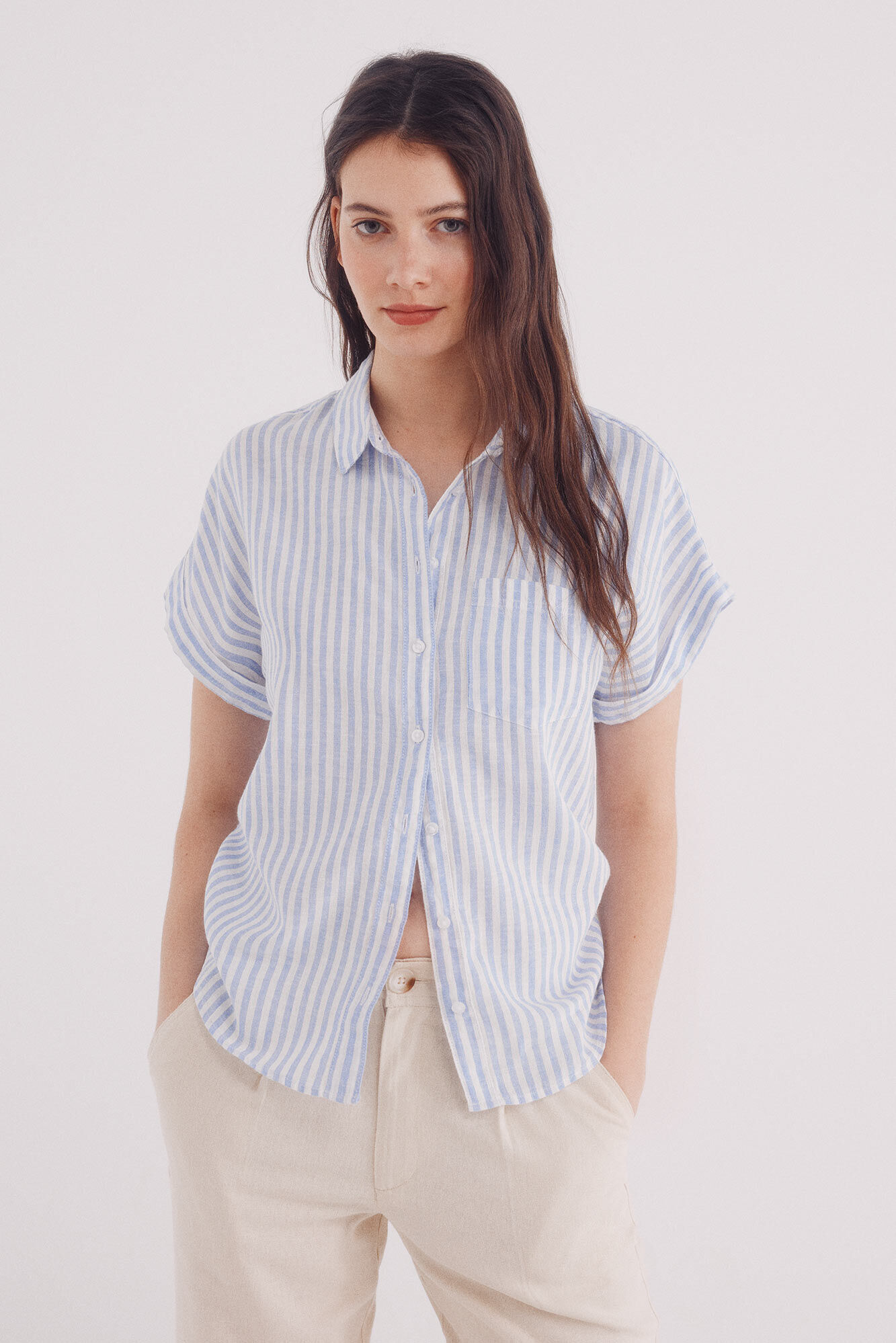 Springfield Camisa de linho de algod&atilde;o de manga manga curta