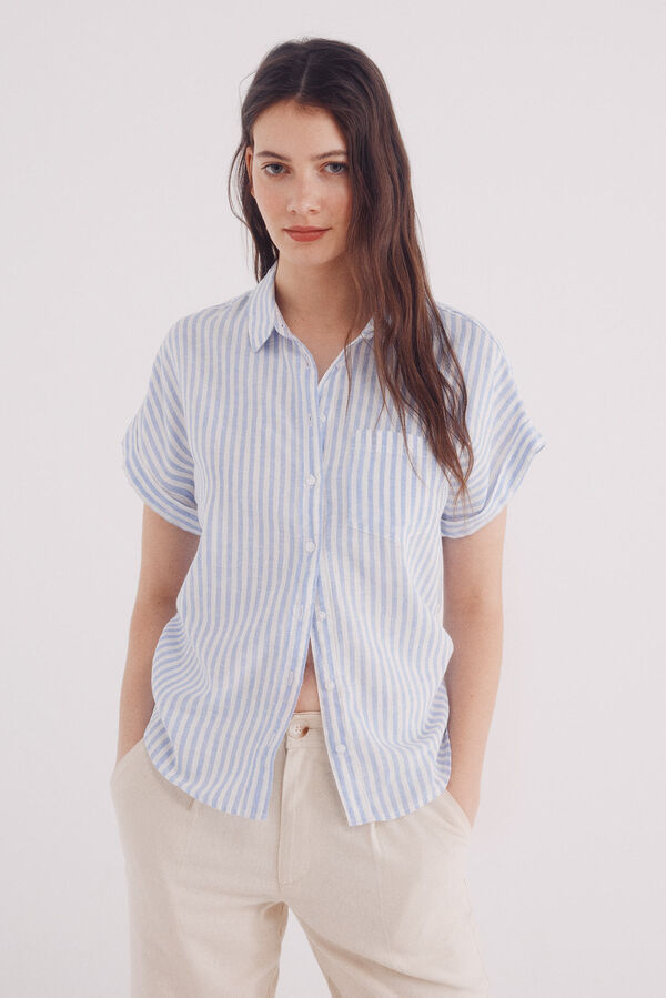 Springfield Camisa de linho de algodão de manga manga curta azul