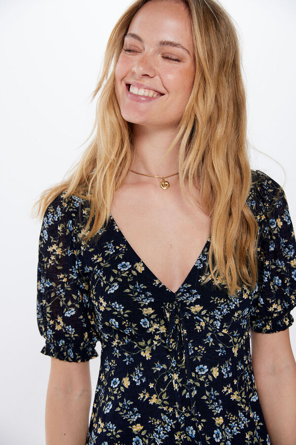 Springfield Vestido Corto Mangas Frunces azul