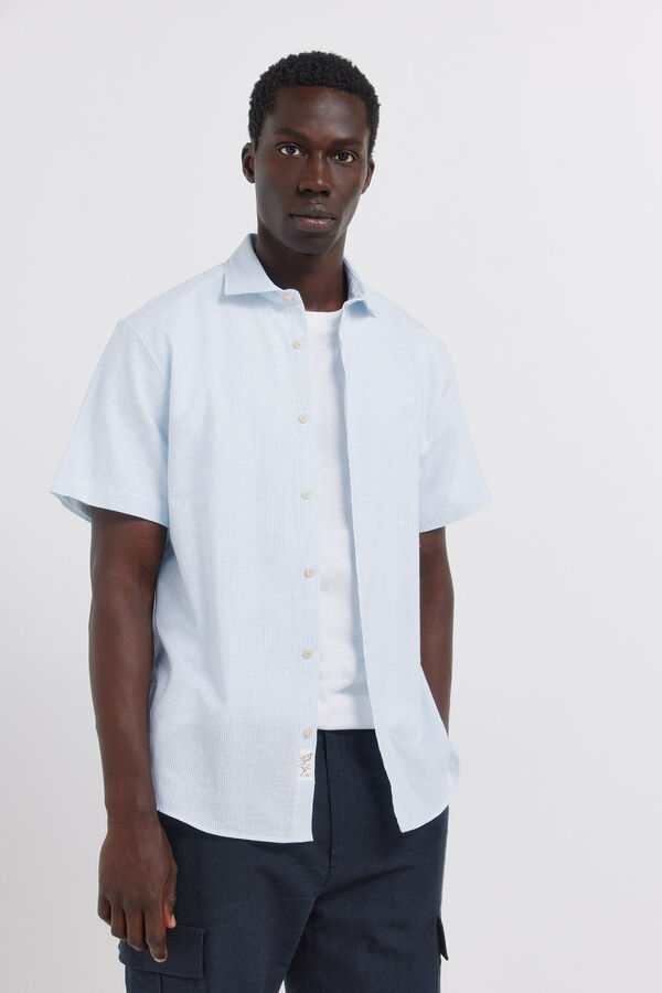 Springfield Camisa de manga curta em linho micro riscas azul
