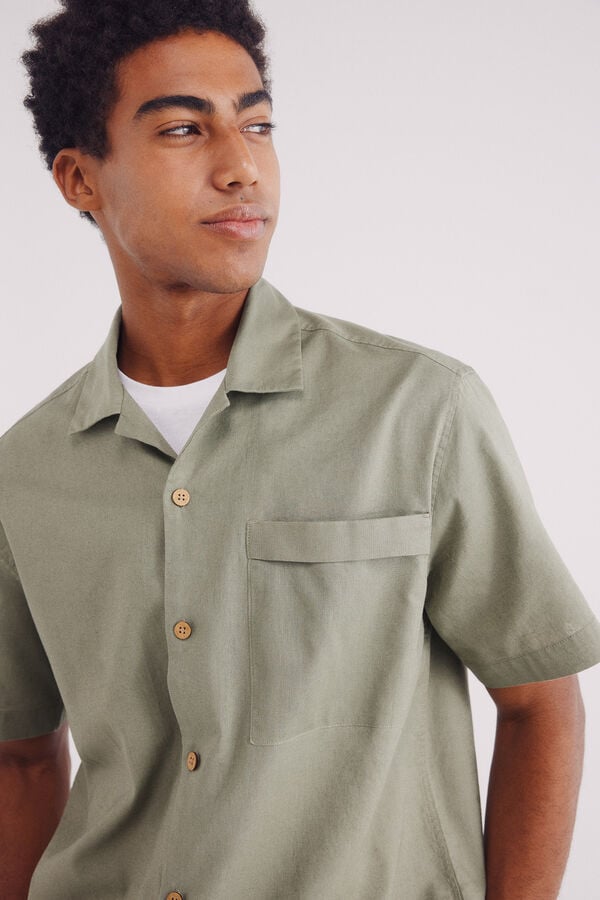 Springfield Camisa de linho manga curta com bolso bege