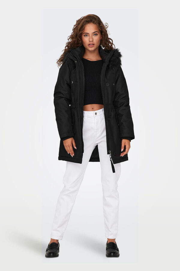 Only Parka con capucha con pelo negro