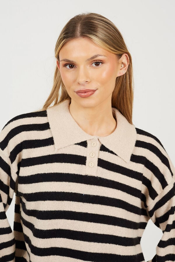 Brave Soul Jersey a rayas con cuello polo beige
