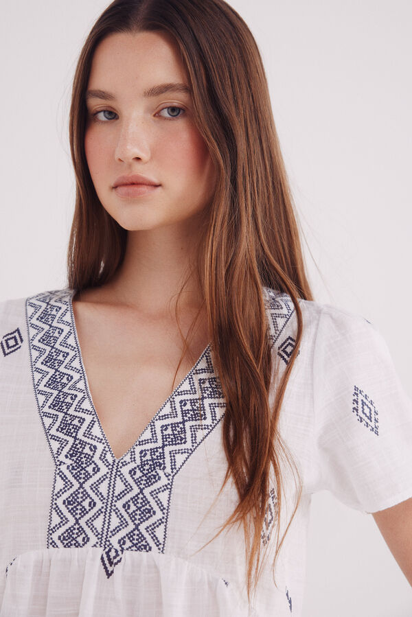 Springfield Blusa com motivos &eacute;tnicos e decote orlado azul