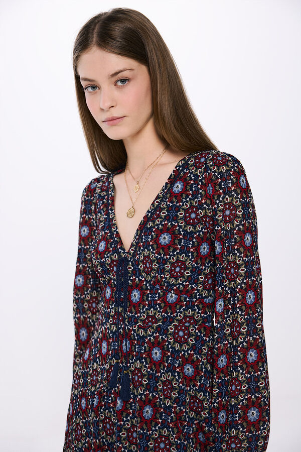 Springfield Vestido corto estampado flores geom&eacute;tricas azul