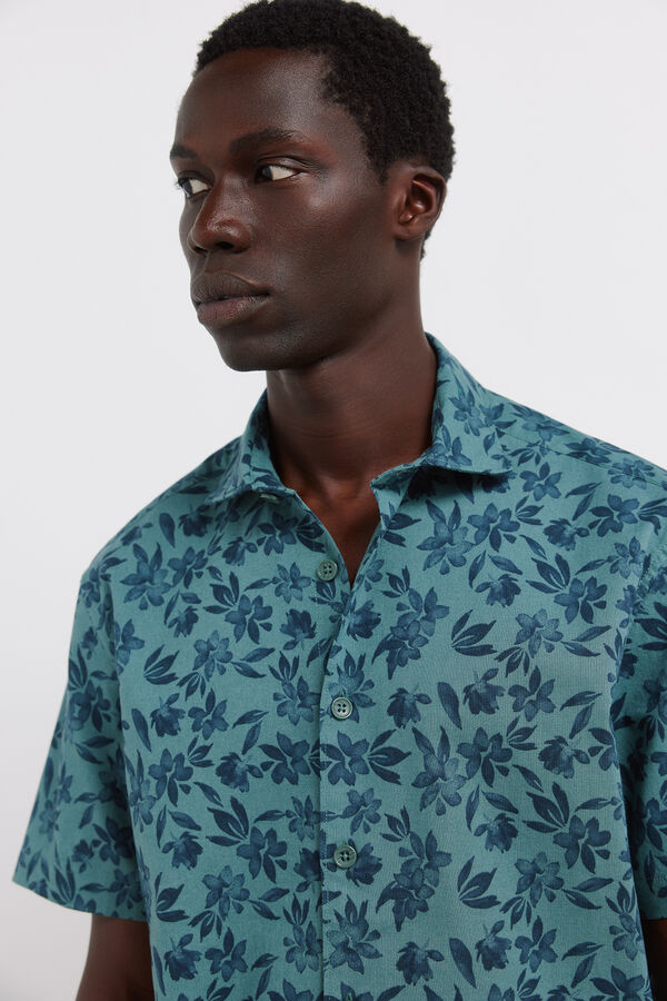 Springfield Camisa de manga curta em linho estampado azul