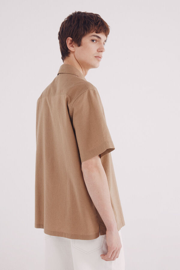 Springfield Camisa de linho manga curta com bolso castanho