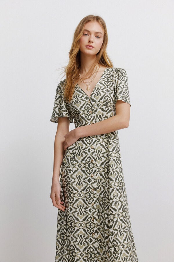 Springfield Vestido camisero estampado lino kaki