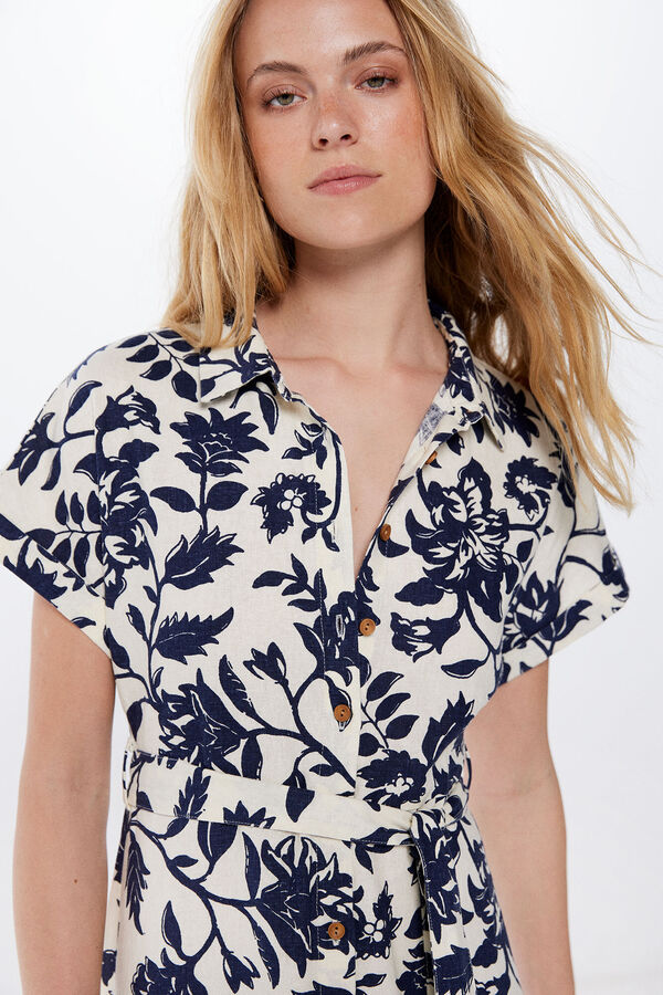 Springfield Vestido Midi Camisero Estampado Lino Viscosa azul