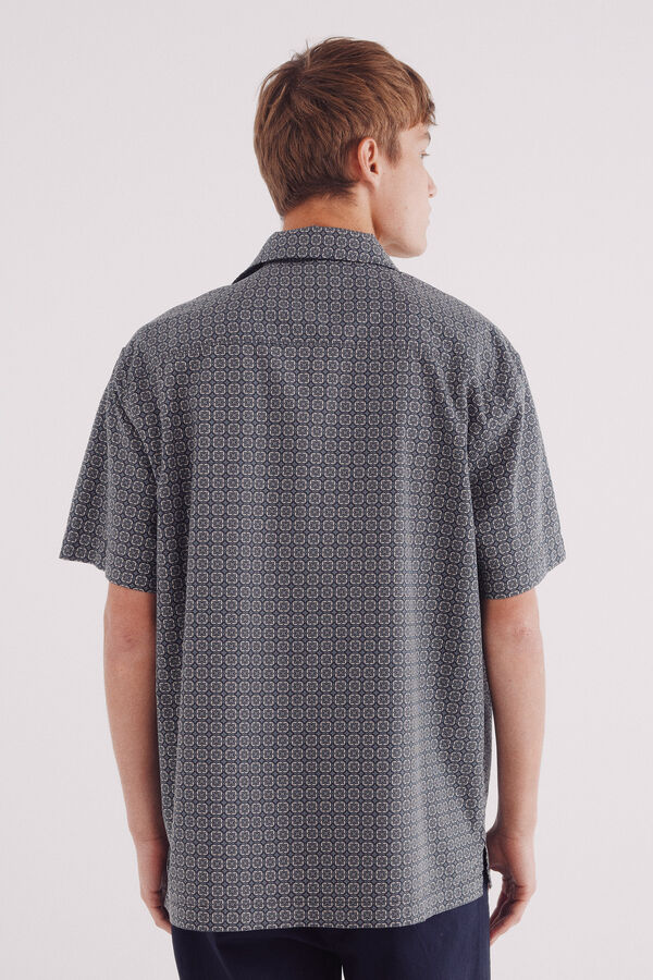 Springfield Camisa de boliche estampada de manga curta azul