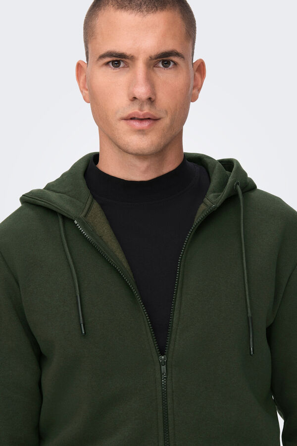 Only & Sons Sudadera de hombre felpada con cremallera. verde
