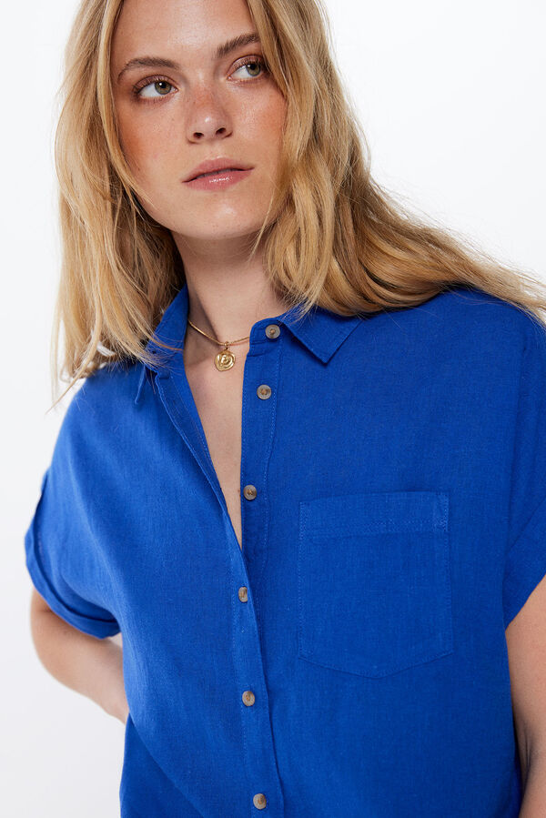 Springfield Camisa Bolsillo M/C con Lino azul