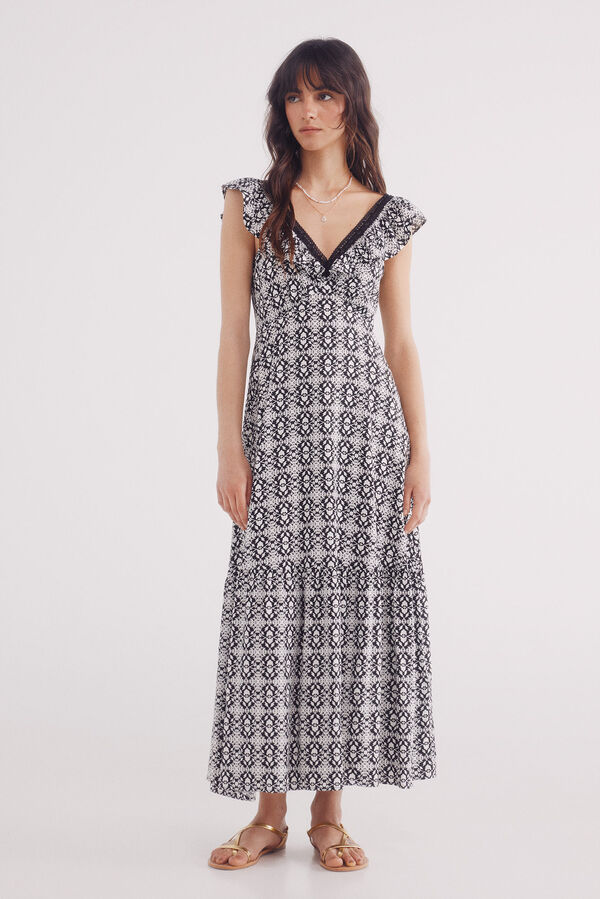 Springfield Vestido midi escote volante lace negro