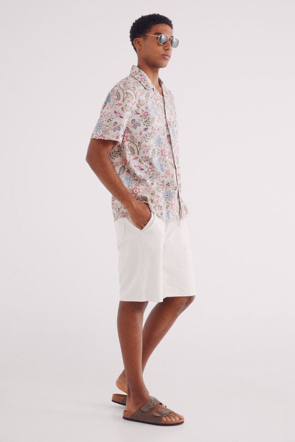 Springfield Camisa de boliche com estampado de flores de manga curta bege