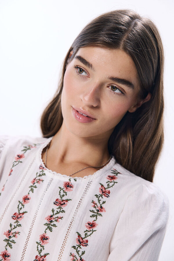 Springfield Blusa bordados verticales flores blanco