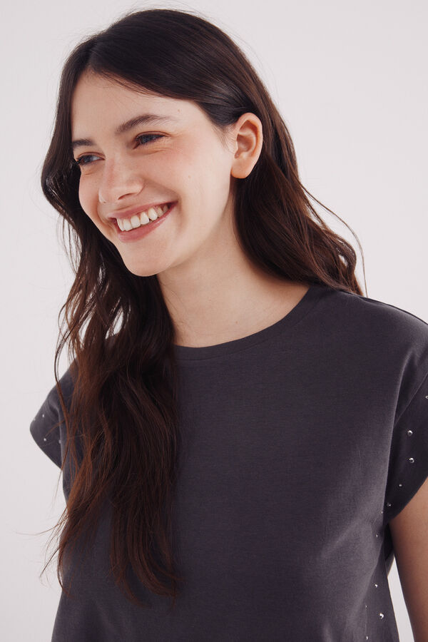 Springfield Camiseta mangas tachas cristal gris