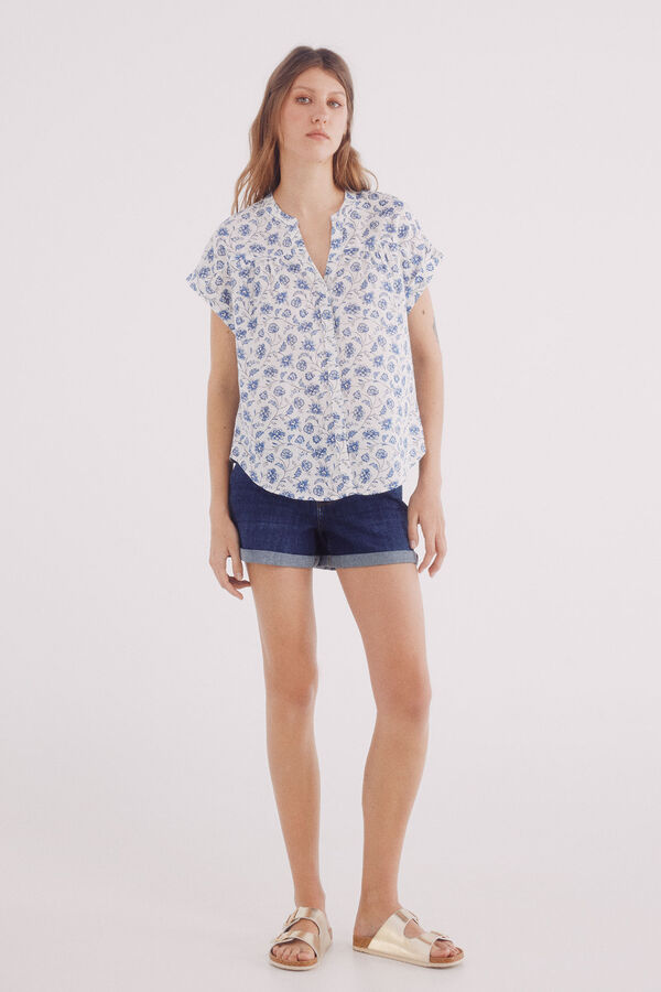 Springfield Blusa de decote linho com decote em V azul