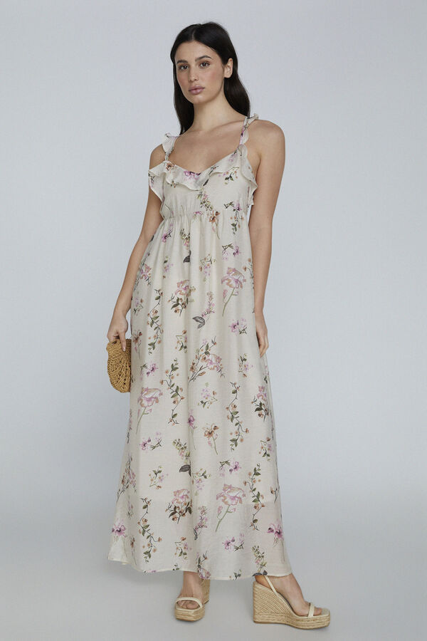 Only Vestido largo volantes beige