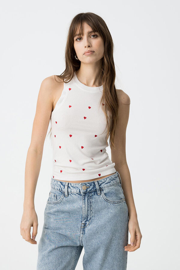 Tiffosi Top canelado com bordado branco