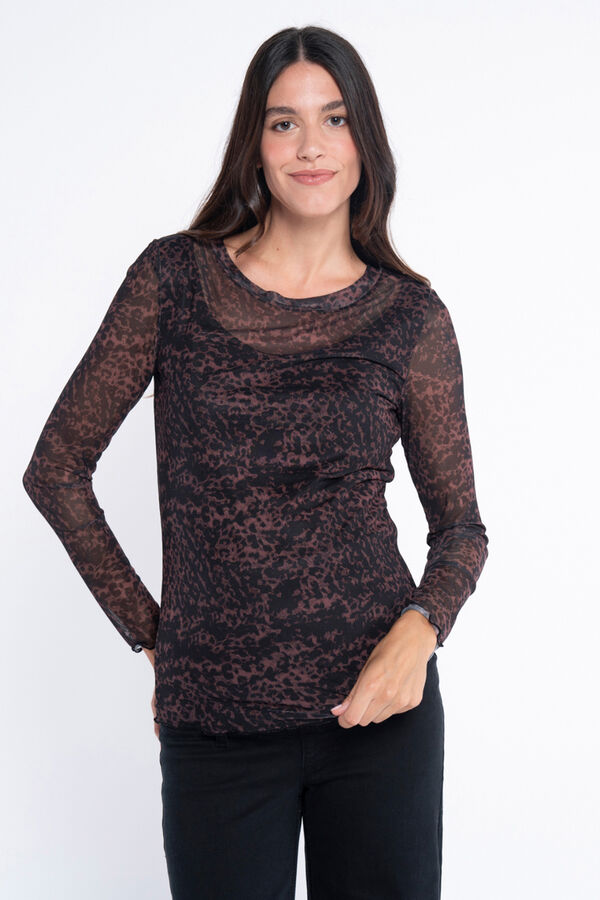 Ohma! Camiseta ce&ntilde;ida de tul estampado marr&oacute;n