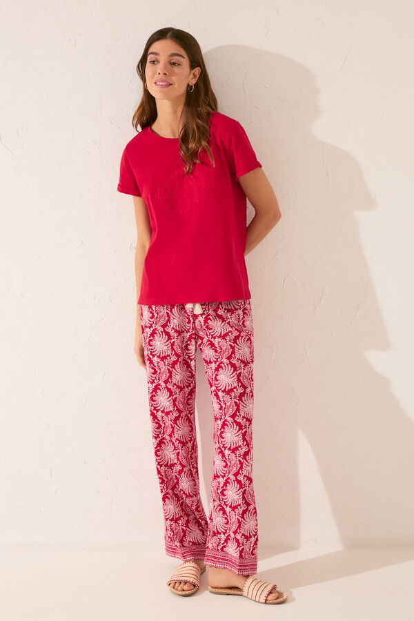Women'secret Camiseta manga corta 100% algod&oacute;n rojo bordado rojo