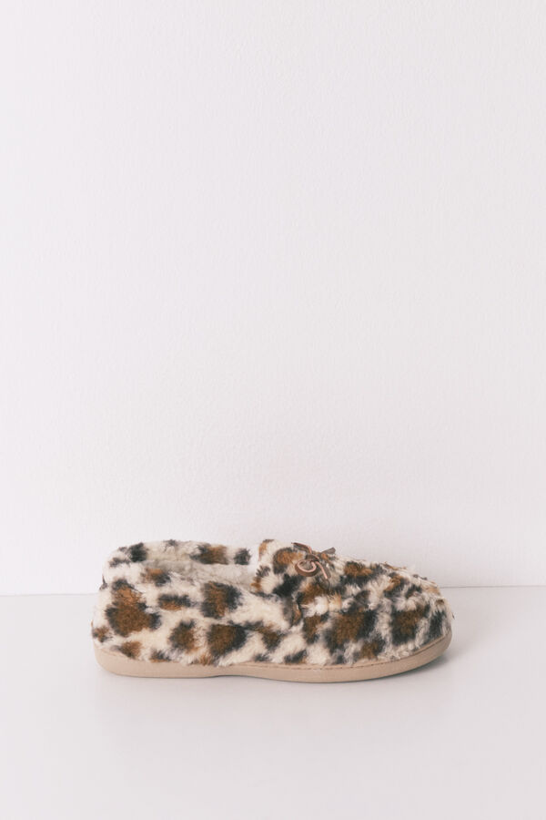 Women'secret Chinelos de mocassim quarto de borrego com estampa animal  cru