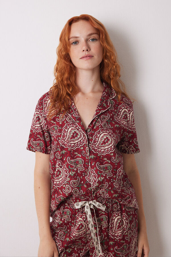 Women'secret Pijama camisero franela rojo paisley estampado