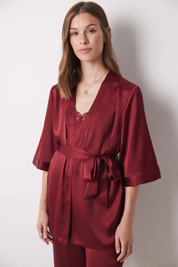 Women'secret Conjunto robe de cetim marrom, top e cal&ccedil;a pijama vermelho