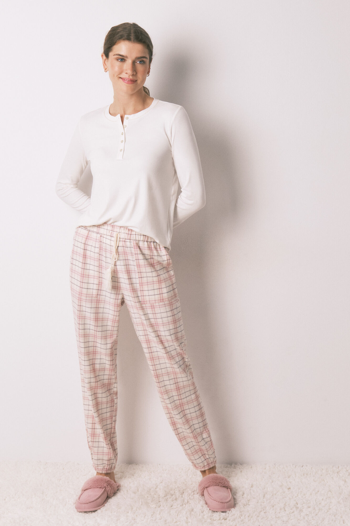 Women'secret Pantal&oacute;n largo franela rosa print cuadros