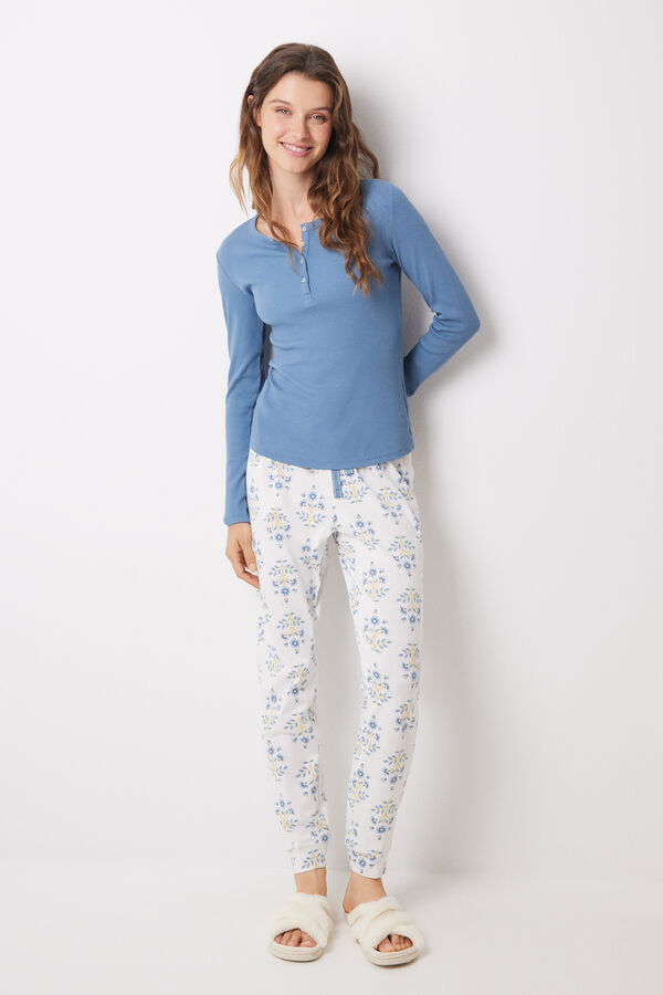 Women'secret Pijama largo algod&oacute;n azul flores azul