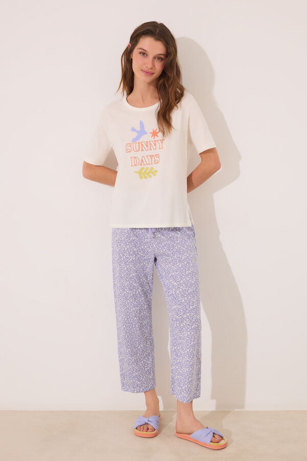Women'secret Pijama Capri 100% algod&oacute;n blanco flores marfil