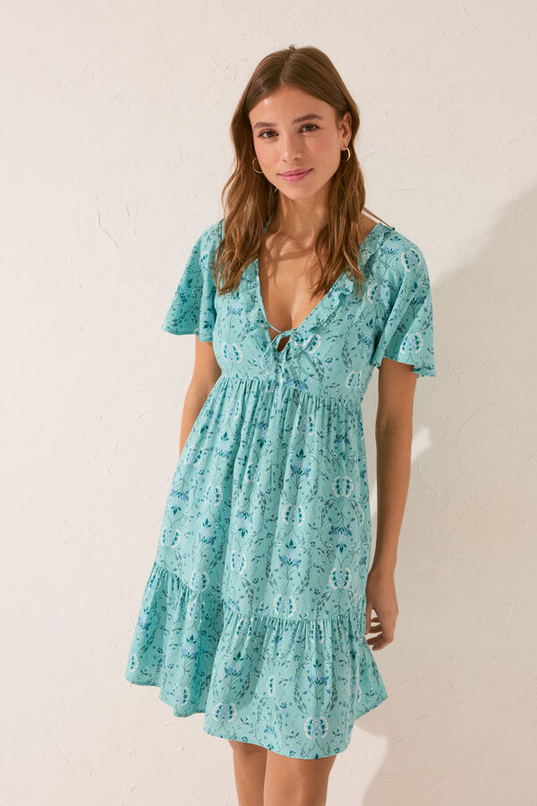 Women'secret Vestido curto com babados e estampa floral azul