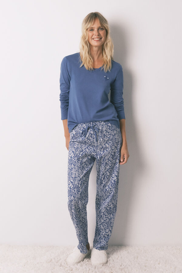 Women'secret Pijama largo 100% algod&oacute;n azul print flores azul