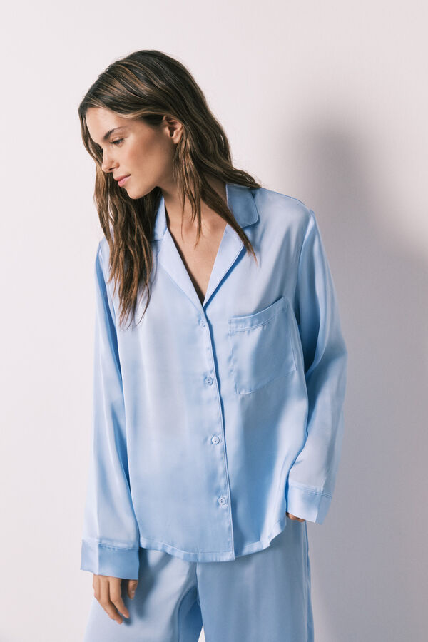 Women'secret Pijama camisero largo sat&eacute;n azul azul