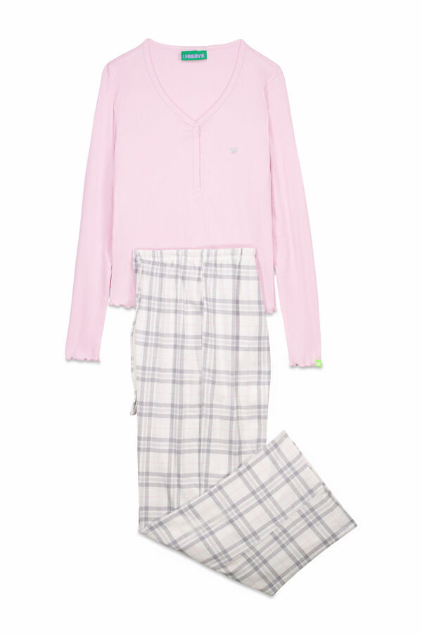 HI&BYE Pijama largo algod&oacute;n cuadros logo rosa  rosa
