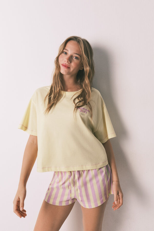 HI&BYE Pijama curto 100% algod&atilde;o &agrave;s riscas amarelo amarelo