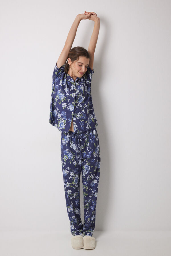 Women'secret Pijama largo camisero 100% algod&oacute;n azul flores estampado